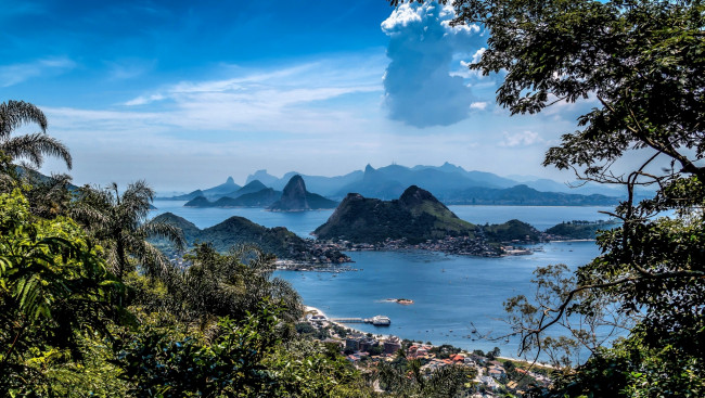 Обои картинки фото бразилия, природа, побережье, здания, водоем, деревья, острова, теплоходы