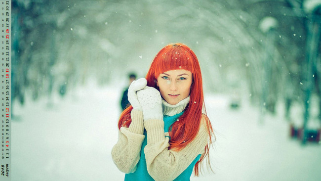 Обои картинки фото календари, девушки, взгляд, варежки, снег