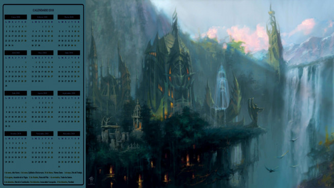 Обои картинки фото календари, фэнтези, водопад, постройка, строение, здание