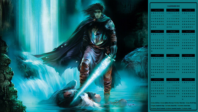 Обои картинки фото календари, фэнтези, мужчина, оружие, взгляд, водопад