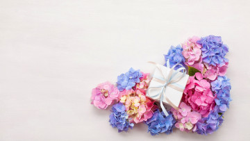 Картинка праздничные подарки+и+коробочки подарок гортензия бант лента