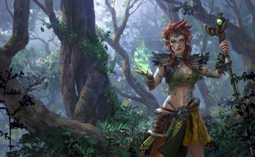 Картинка фэнтези эльфы посох магия лес униформа взгляд девушка фон