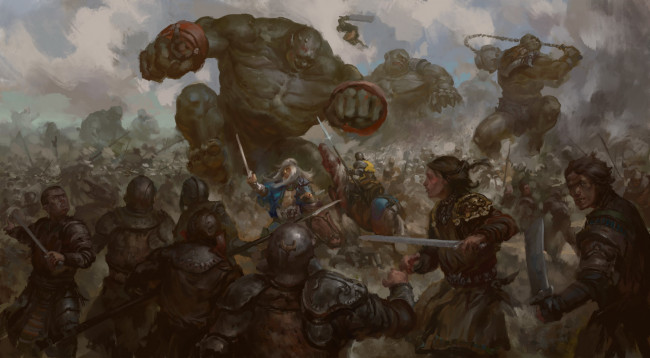 Обои картинки фото фэнтези, существа, бой, тролли, люди