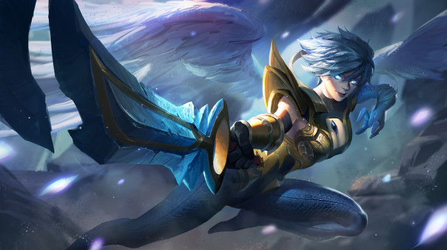 Обои картинки фото видео игры, league of legends, крылья, девушка, оружие, riven