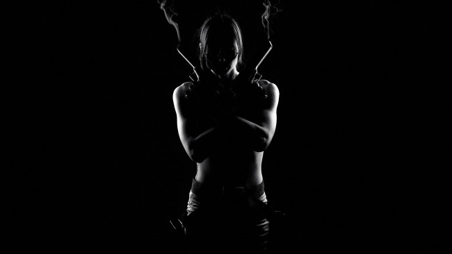 Обои картинки фото разное, cosplay , косплей, лара, крофт, пистолеты, силуэт