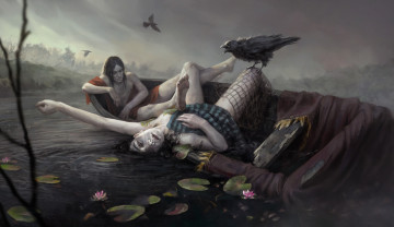 Картинка фэнтези нежить мертвецы лодка птицы озеро