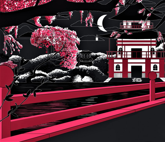 Обои картинки фото векторная графика, город , city, мост, дом, сад, луна