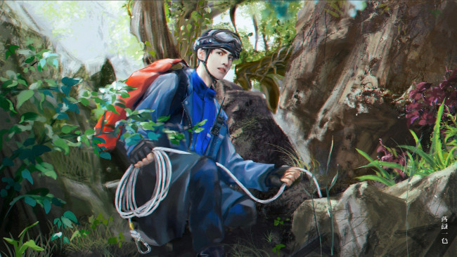 Обои картинки фото рисованное, люди, парень, снаряжение, веревка, скалы