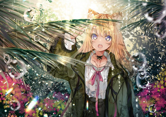 Картинка аниме животные +существа девочка ушки куртка дождь листья