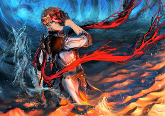 Картинка аниме genshin+impact парень маска меч магия