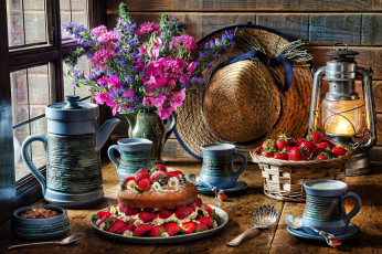 Картинка еда натюрморт букет фонарь шляпа клубника кофе кофейник торт