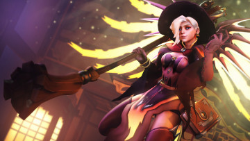 Картинка видео+игры overwatch девушка фон взгляд униформа метла книга