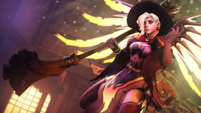 Обои картинки фото видео игры, overwatch, девушка, фон, взгляд, униформа, метла, книга