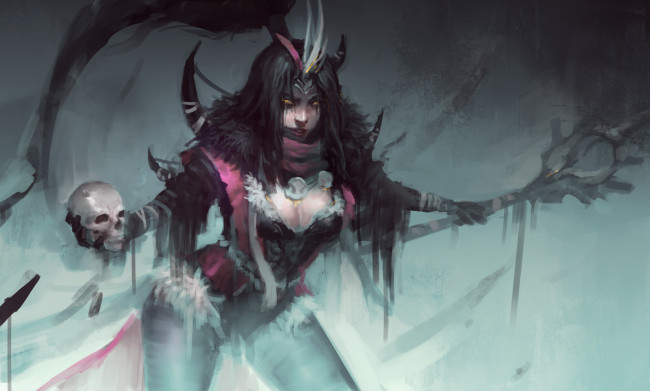 Обои картинки фото фэнтези, маги,  волшебники, девушка, фон, взгляд, череп