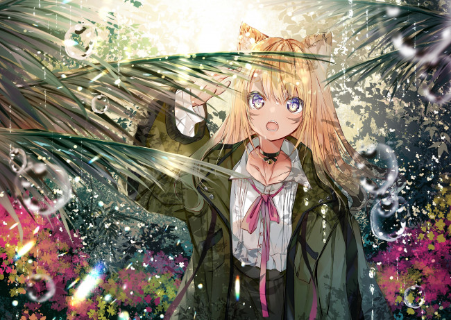 Обои картинки фото аниме, животные,  существа, девочка, ушки, куртка, дождь, листья