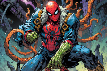 обоя рисованное, комиксы, человек-паук, щупальца, бой, город