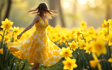 обоя разное, компьютерный дизайн, девушка, платье, нарциссы