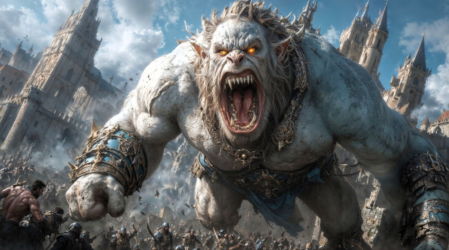 Обои картинки фото фэнтези, существа, монстр, люди, атака, город, сражение