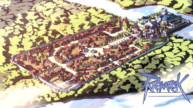 Обои картинки фото видео игры, ragnarok online, город, панорама, лес, река