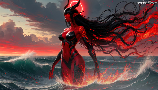 Обои картинки фото богиня геката,  по книге - страж бытия , греческиебогини , геката , девушкагигант, фэнтези, демоны, геката, богиня, гигантская, красная, кожа, прямые, рога, чёрная, броня, откровенная, горящие, волосы, красный, нимб, лавовые, вены, океан, по, колени