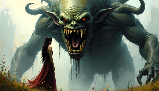 Обои картинки фото фэнтези, красавицы и чудовища, монстр, демон, девушка, поляна, цветы