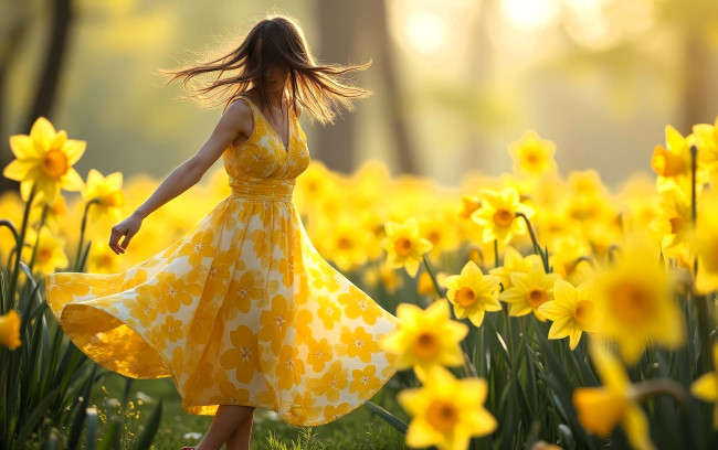Обои картинки фото разное, компьютерный дизайн, девушка, платье, нарциссы