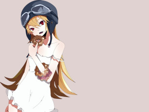 Картинка аниме bakemonogatari oshino+shinobu девушка платье шлем пончик еда