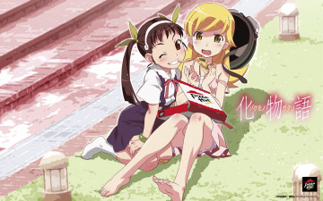 Картинка аниме bakemonogatari hachikuji+mayoi oshino+shinobu девушки форма платье лестница шлем еда пицца
