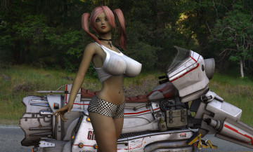 Картинка 3д+графика люди+ people девушка взгляд мотоцикл