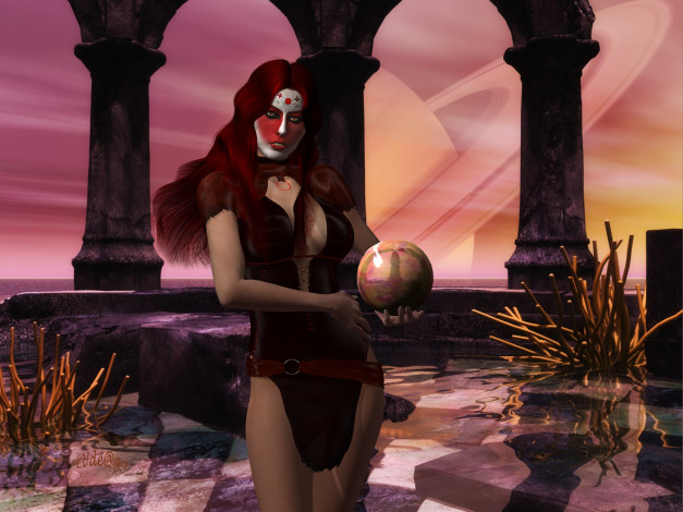 Обои картинки фото 3д графика, фантазия , fantasy, девушка, шар, взгляд