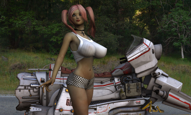 Обои картинки фото 3д графика, люди , people, девушка, взгляд, мотоцикл