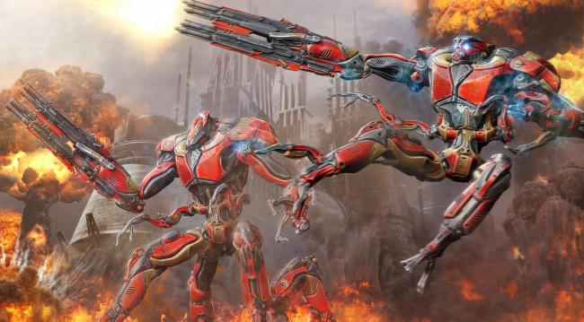 Обои картинки фото фэнтези, роботы,  киборги,  механизмы, битва, арт, город, оружие, металл, огонь, дым