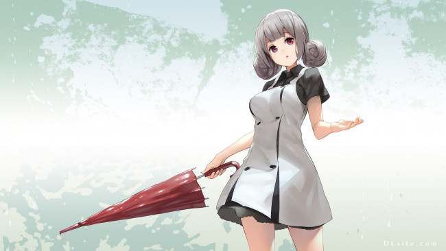 Обои картинки фото аниме, unknown,  другое, фон, взгляд, зонт, девушка