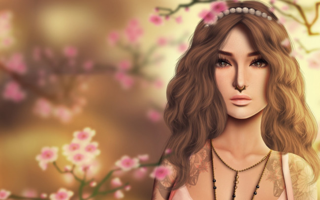 Обои картинки фото рисованное, люди, девушка, украшение, тату, шатенка