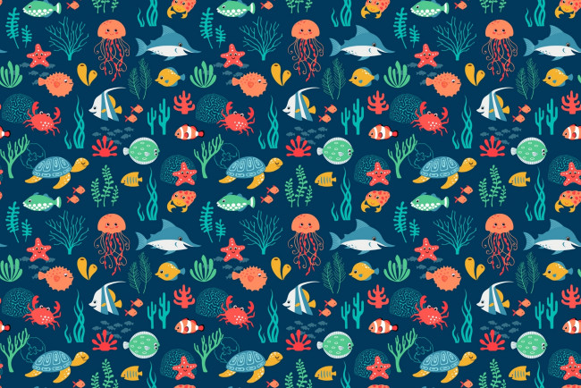 Обои картинки фото векторная графика, животные , animals, море, медуза, акула, черепаха, рыбы