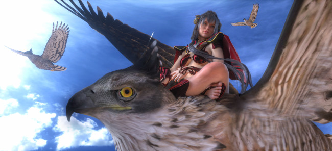 Обои картинки фото 3д графика, фантазия , fantasy, птицы, девушка, взгляд, фон