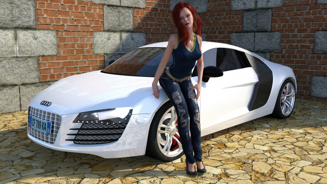 Обои картинки фото 3д графика, люди-авто, мото , people- car ,  moto, фон, взгляд, девушка, автомобиль