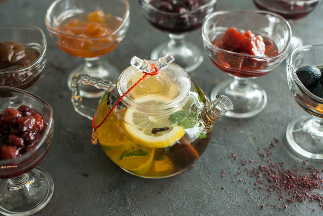 Обои картинки фото еда, напитки,  Чай, джем, мята, чай, лимон