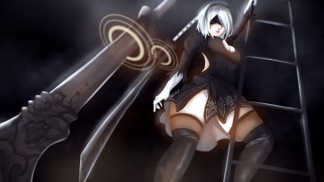 Картинка видео+игры nier +automata сабля фон маска девушка