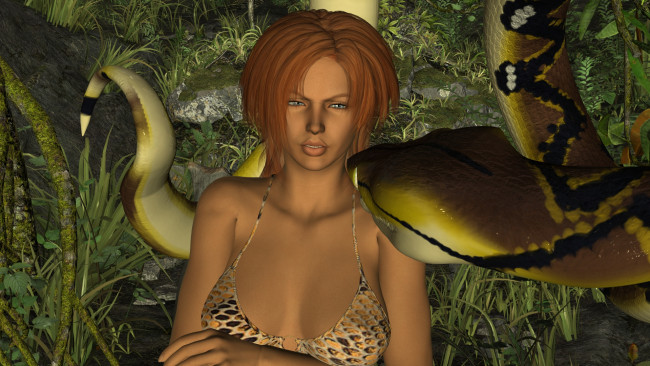 Обои картинки фото 3д графика, фантазия , fantasy, девушка, фон, взгляд, змея