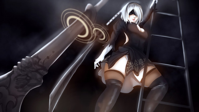 Обои картинки фото видео игры, nier,  automata, сабля, фон, маска, девушка