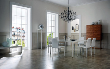 Картинка интерьер столовая люстра стол стулья