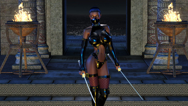 Обои картинки фото 3д графика, фантазия , fantasy, девушка, фон, взгляд, униформа, катана, чулки, латекс