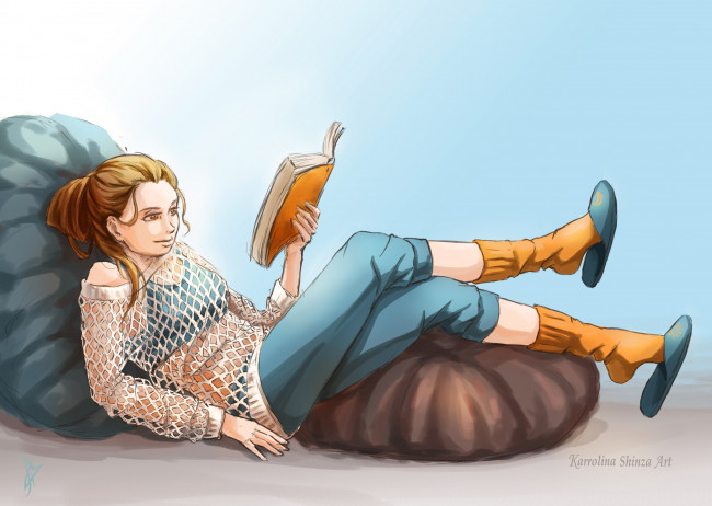 Обои картинки фото рисованное, люди, девушка, подушки, книга