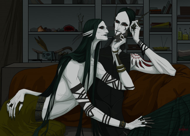 Обои картинки фото фэнтези, существа, пара, диван, полки