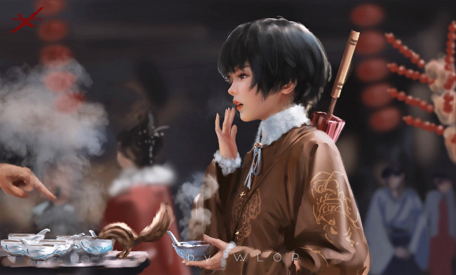 Обои картинки фото фэнтези, _ghost blade ,  призрачный клинок, девушка, зонт, чашки, зверек