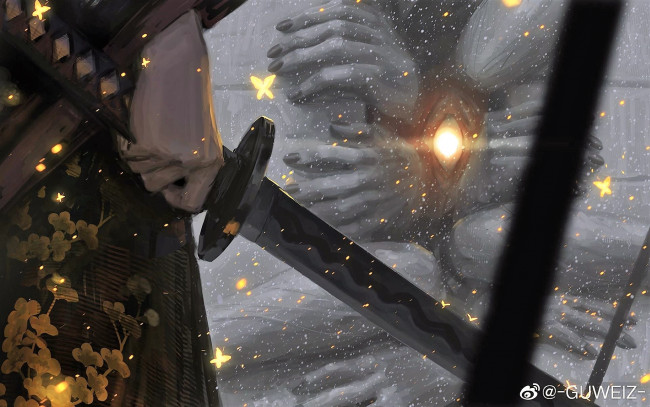 Обои картинки фото фэнтези, _guweiz, девушка, рука, меч, пещера, свет, руки