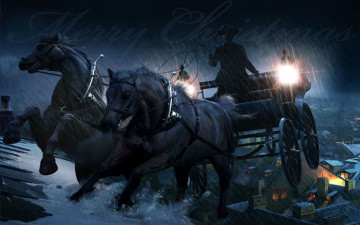 Картинка фэнтези иные миры времена город кони карета