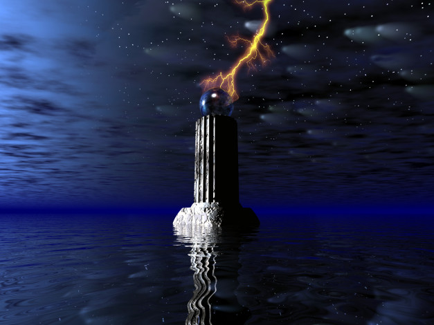 Обои картинки фото 3д, графика, fantasy, фантазия, ночь, звёзды, шар, море, молния