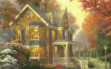 Картинка victorian auntumn рисованные thomas kinkade фонарь тыква осень коттедж